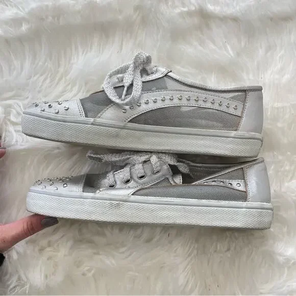 Stuart Weitzman | Women’s Silver Mesh Studded Studs Embellished Sneakers Shoes 7 - Picture 5 of 10